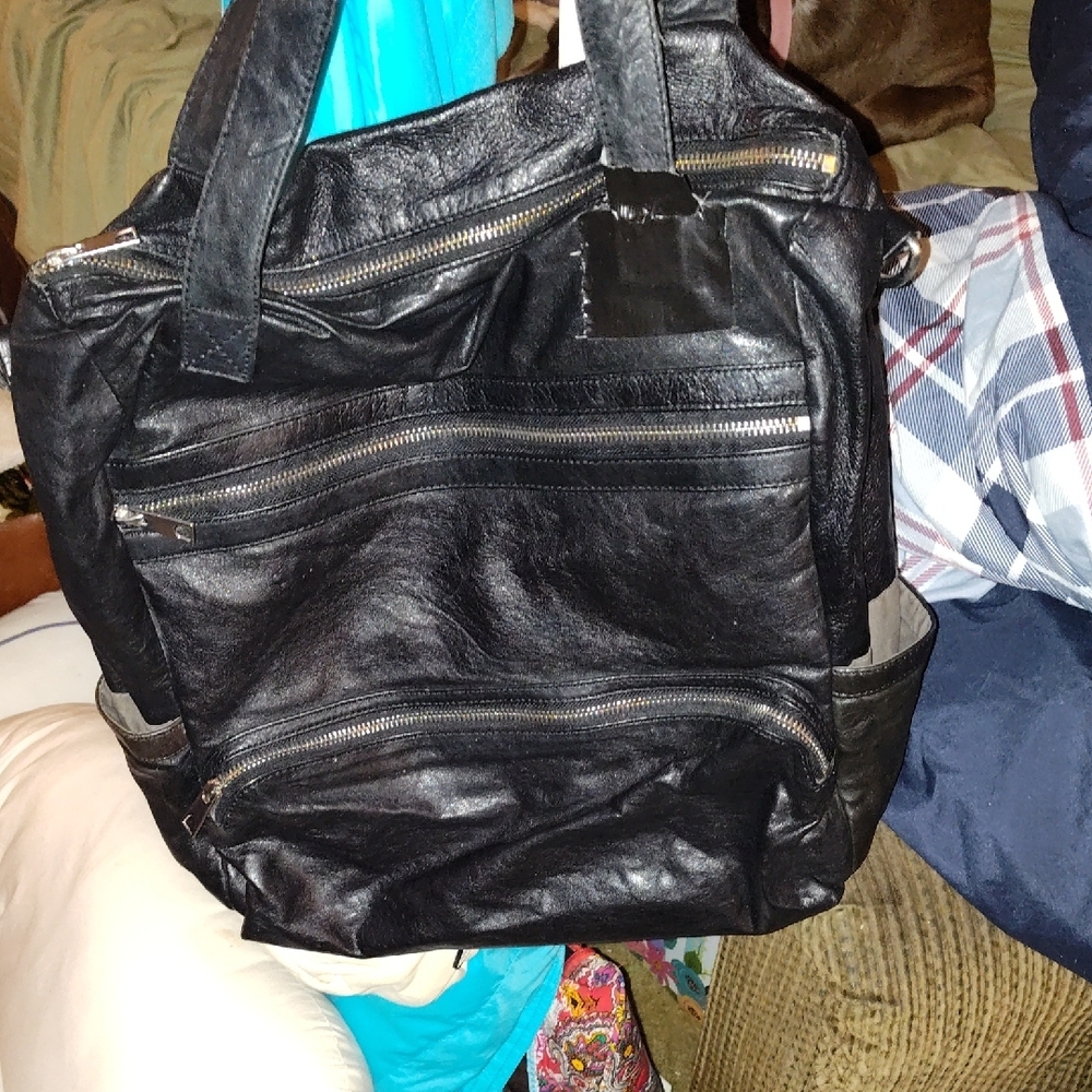 Large Black Slouchy Shoulder Bag with Soft Leather and Silver Zippers